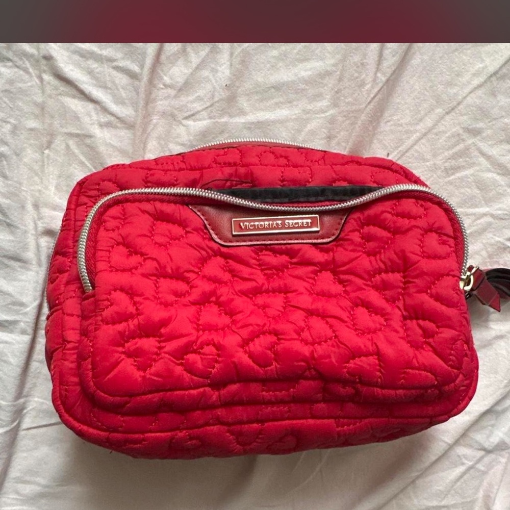 Victoria's Secret Quilted Red Cosmetic Pouch with Front Zip